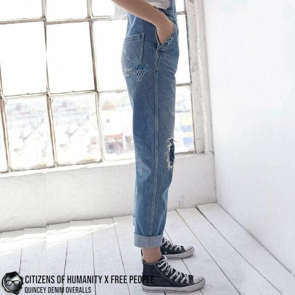 CITIZENS OF HUMANITY X FREE PEOPLE QUINCEY PATCHWORK EMBROIDERED DENIM OVERALLS - Picture 11 of 16